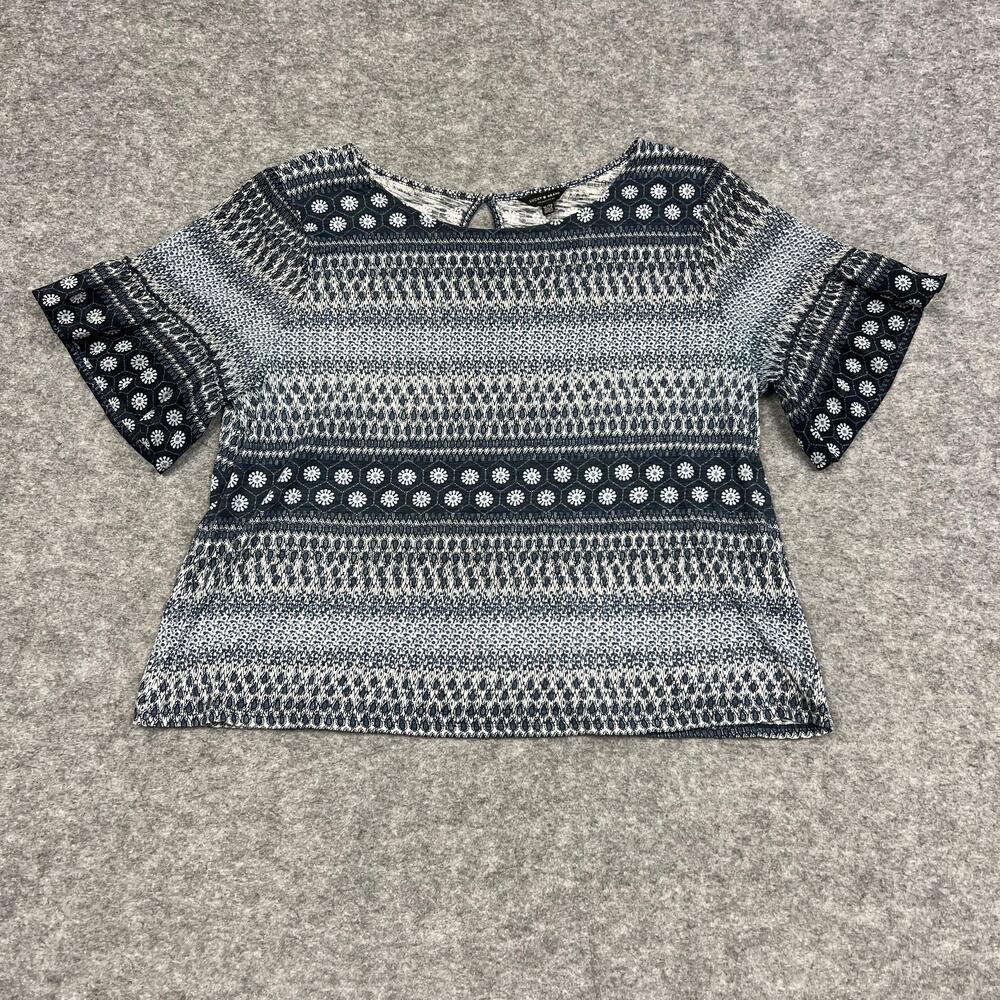 Lucky Brand Shirt Womens XL Blue Geometric Ruffle Flutter Sleeve Casual Wear